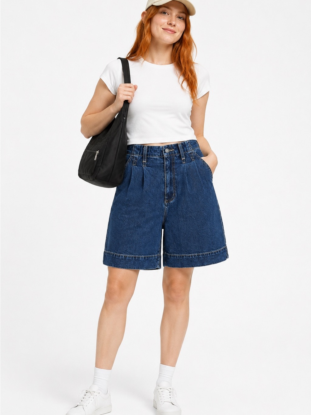 Lands’ End Dark Wash Pleated Denim Bermuda Jean Shorts Size 10 90s minimalism